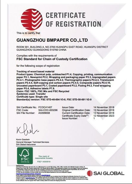 Porcellana GUANGZHOU BMPAPER CO., LTD. Certificazioni